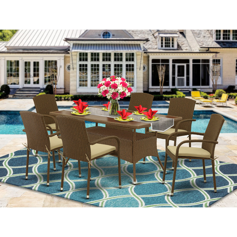 7 Piece Outdoor Wicker Patio Furniture Sets Consist of a Rectangle Bistro Dining Table with Glass Top and 6 Balcony Armchair with Cushion, Brown