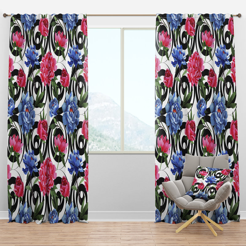 Motif floral rétro I - panneau de rideau simple semi-transparent Mid-Century, l 52 po x L 120 po
