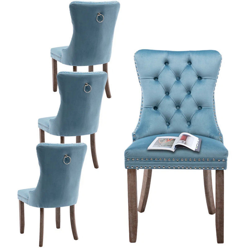 High-end Tufted Velvet Upholstered Nailhead Dining Chair, Light Blue, Light Brown