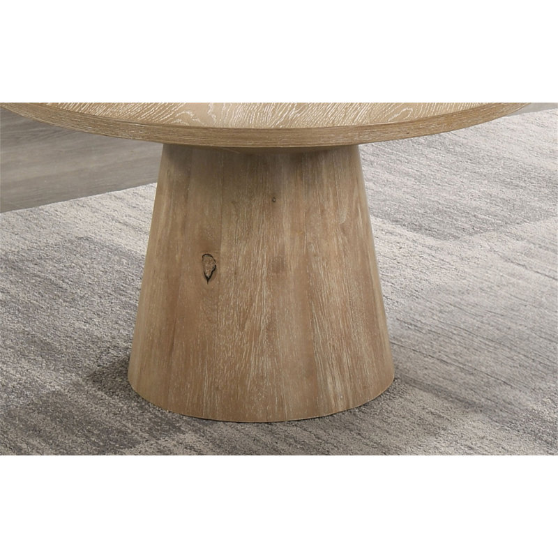 Table basse ronde de style contemporain avec structure en bois d'hévéa et piédestal en forme de cône, Naturel
