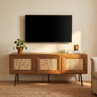  Meuble télé avec téléviseur Mossic, centre de divertissement avec rotin naturel, pieds en métal, console de rangement moderne pour le salon et la chambre à coucher, assemblage sans effort
