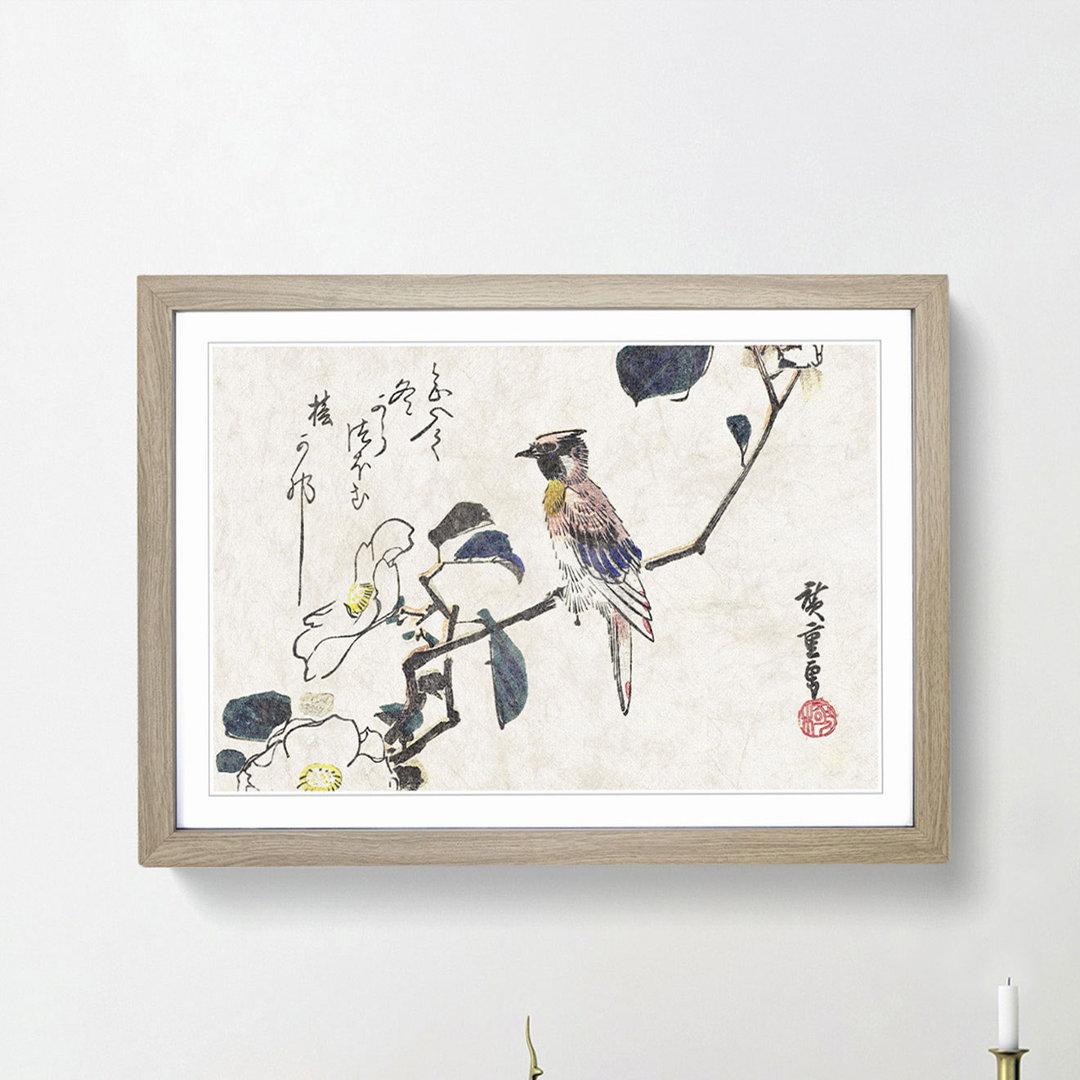 Oriole Bird on a Camellia Branch by Utagawa Hiroshige - Framed Print