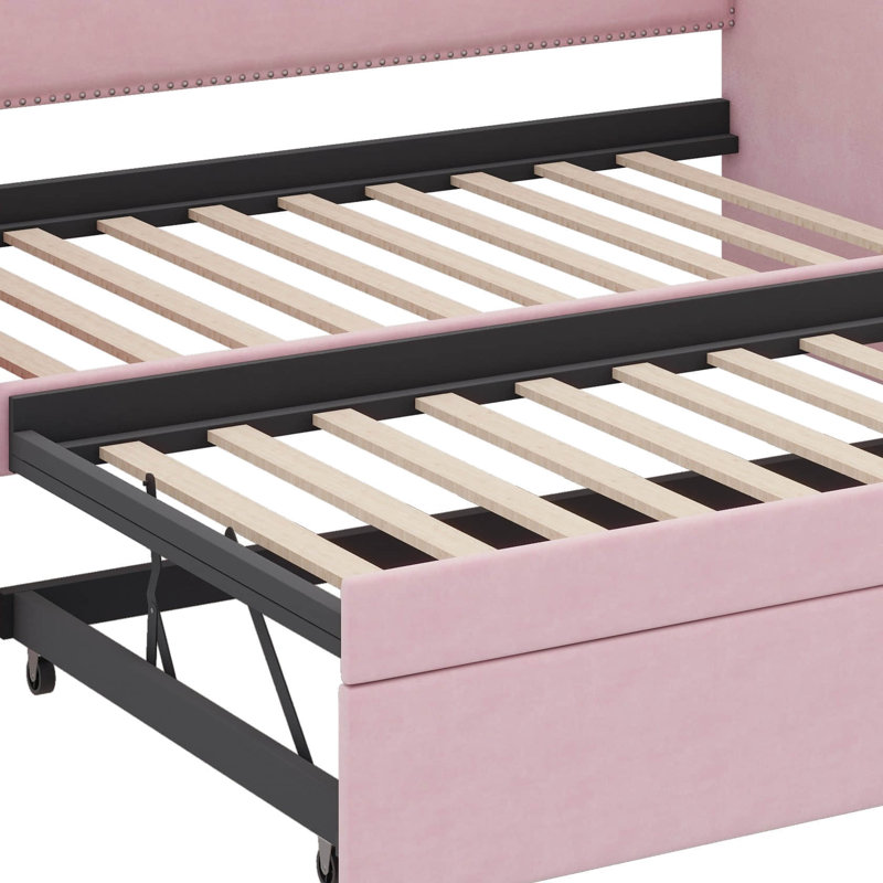 Lit de jour simple revêtu de velours avec lit gigogne escamotable, Rose