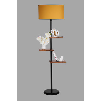 Lampe sur pied moderne avec corps en métal et capuchon en tissu, hauteur de 64,2 pouces | Comprend 3 tablettes en bois (11,8 x 9,1 po, 10,2 x 7,5 po, 9,8 x 6,3 po) | Design élégant noir et moutarde, interrupteur marche / arrêt, douille E27, parfait pour le salon et la chambre à coucher