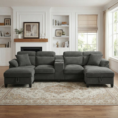 117 inch Corduroy Couches for Living Room with Storage-Capable Ottomans Modern Sectional Sofa Built In USB & Type C Port