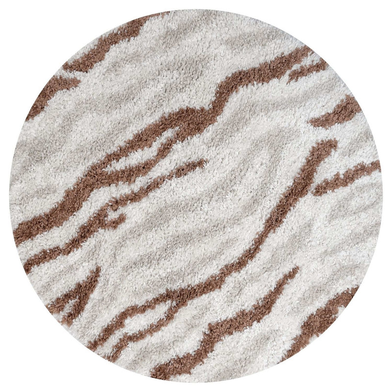Moodi Modern Shaggy Area Rug Abstract Brushstroke Line Design, Round 120 cm, Off-White Beige/Terra