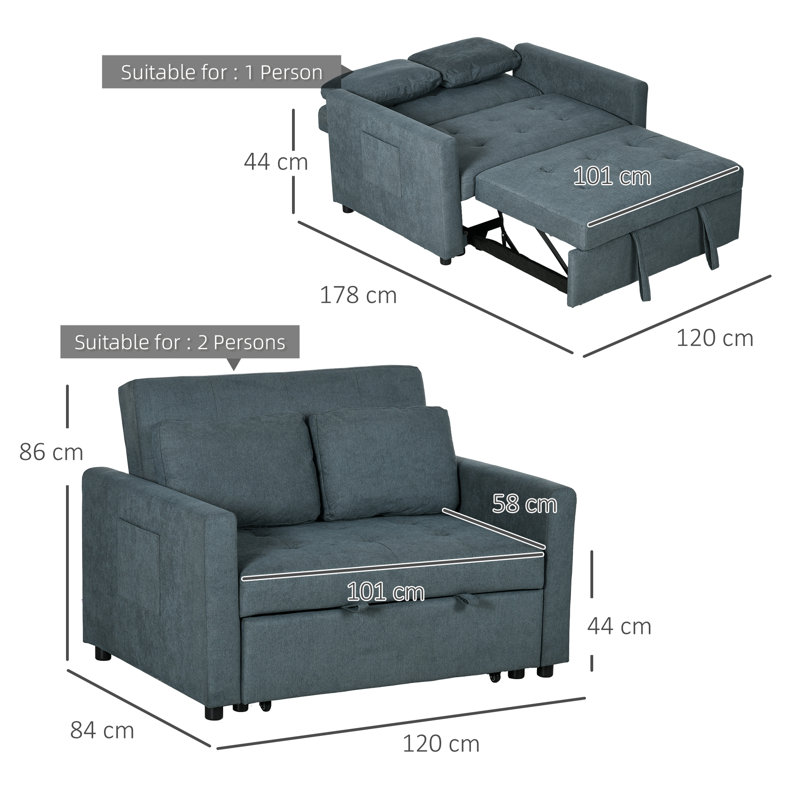 Nencho Square Arm 2 Seater Sofa Bed, Charcoal Grey
