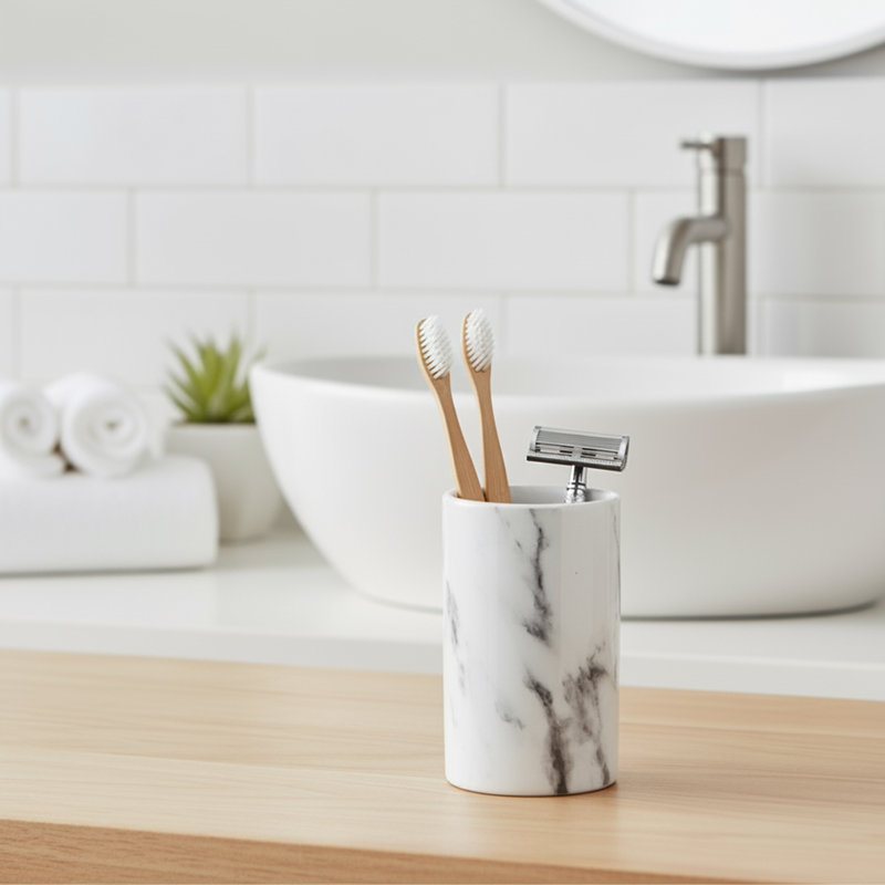Porte-brosses à dents et à eau pour salle de bain Marble Effect Collection Dolomite - blanc