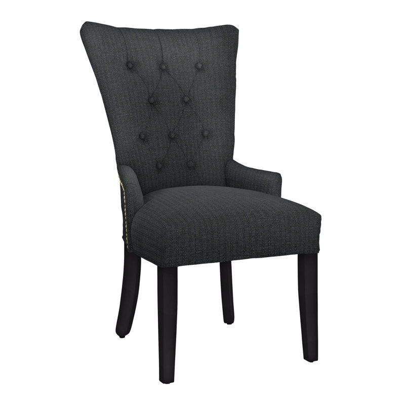 Upholstered Dining Chair, Black Satin, Brass, Navy