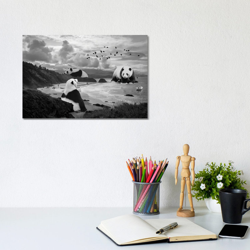 Giant Panda At The Beach by David Loblaw - Wrapped Canvas Print, 20.32 cm H x 30.48 cm W