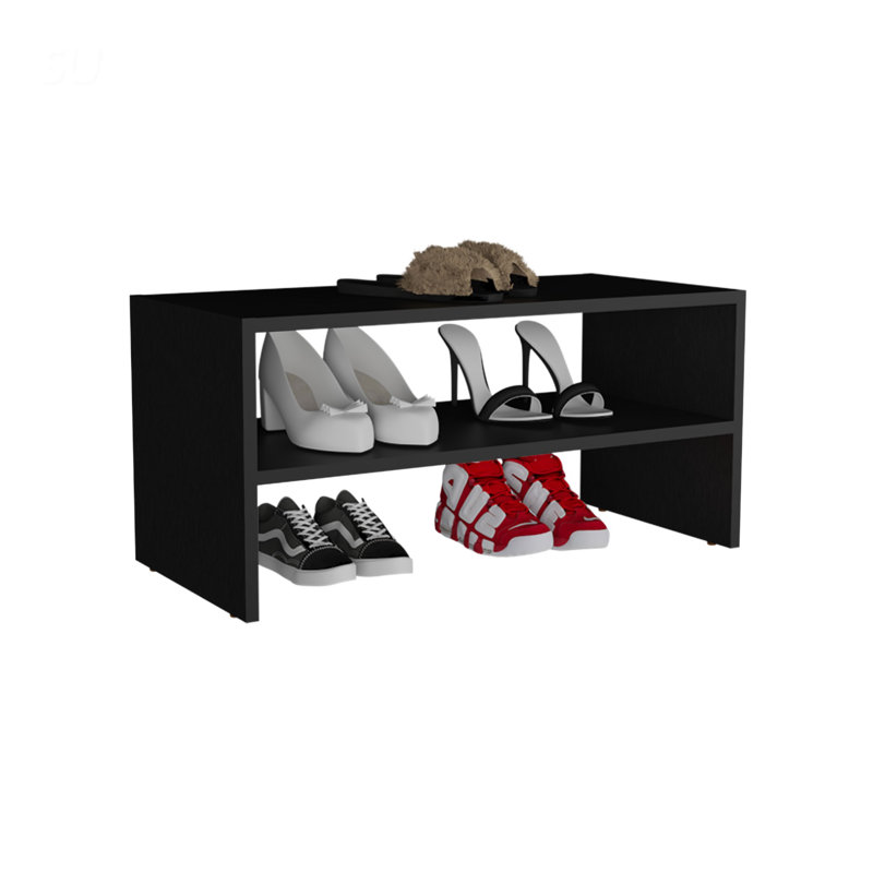Élégant étagère à chaussures noire avec 2 tablettes spacieuses, durable et peu encombrante pour la vie moderne.