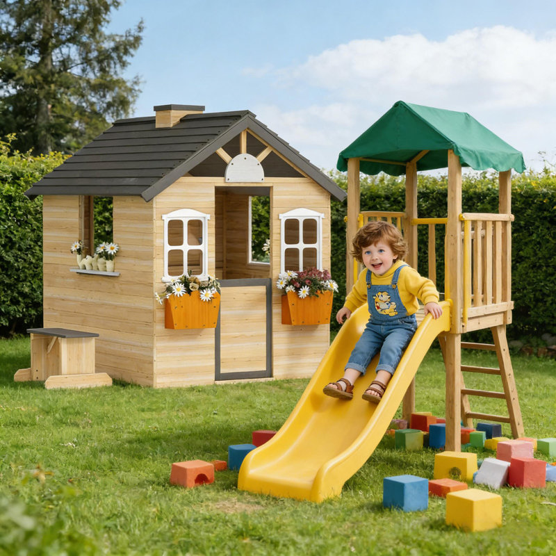 Maisonnette en bois pour enfants, Gris/Naturel/Orange