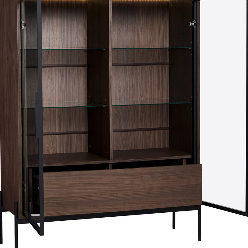 Tempered Glass Led Cabinet. Modern Minimalist For Study Room. Metal Legs, Construction. 4 Adjustable Shelves, 2 Drawers, Black + Dark Walnut Display Cabinet With Led. Style .