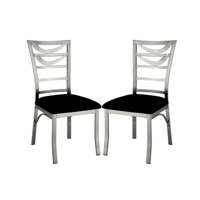 Contemporary Silver Metal 2Pc Dining Chairs Black Microfiber Seat Dining Room Ladder Back Chair Satin Plated Powder Coating