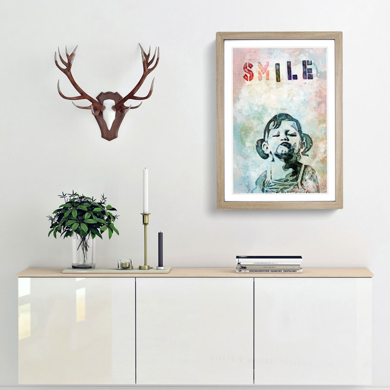Smile in Abstract by Banksy - Framed Print, 87cm H x 62cm W x 2cm D, Oak Framed