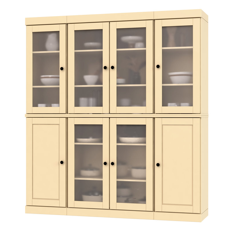 Vaisselier 100% bois massif 65 "avec verre givré, portes solides et tablettes réglables, Jaune