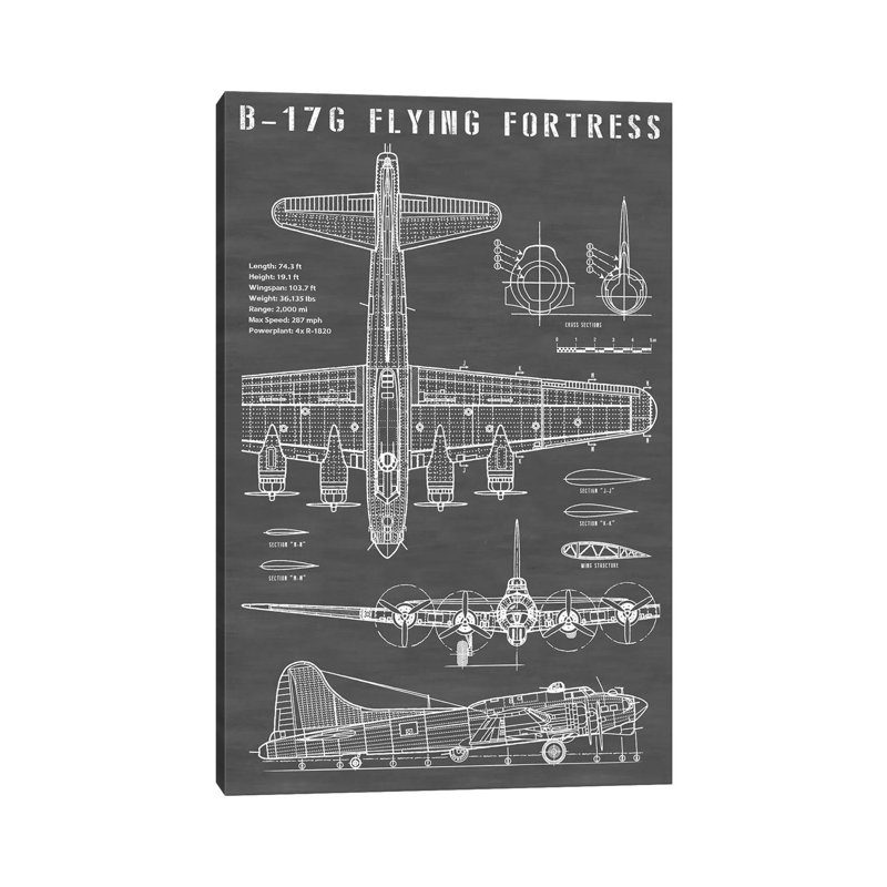 B-17 Vintage Bomber Airplane by Action Blueprints - Wrapped Canvas Print, 20.32 cm H x 30.48 cm W