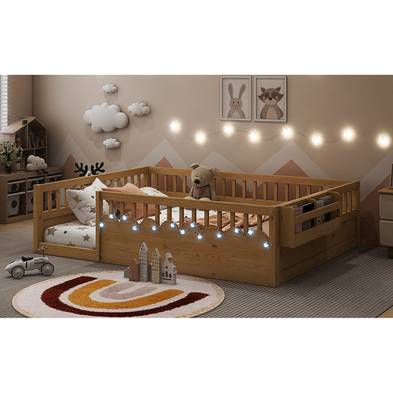 Full Floor Bed Frame, High Rails, Natural Wood With And Storage, Supports Learning Bed, Led Low Profile For Autonomy, Full