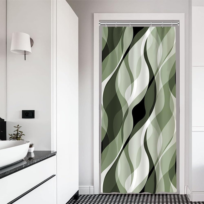 Pack of 1 Modern Abstract Black and Grey Striped Shower Curtain Set with Hooks, 182.88cm W x 198.12cm L, Sage Green