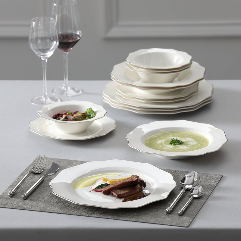 16-Piece Lotus-Shaped Bone China Dinnerware Set with Gold Rim for 6, Elegant Plates & Soup Bowls, Wedding Gift Ready