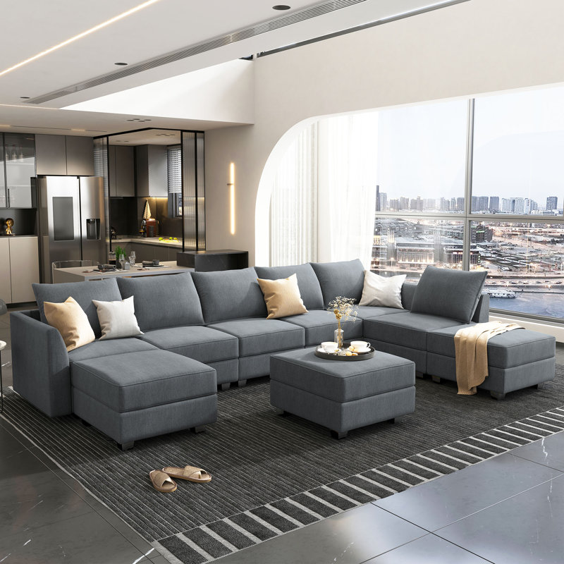 Tremee U-shaped Modular Sectional Sofa with Chaise, Bluish Gray Polyester