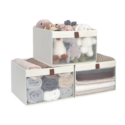 Paquet de 3 très grands bacs de rangement en tissu, fenêtre transparente pour faciliter le contrôle du contenu, poignées robustes pour le transport, beige