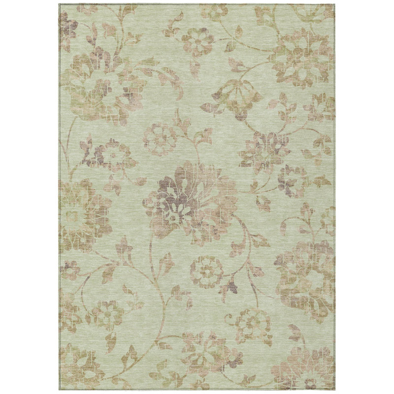 Tapis d'intérieur / extérieur 10 pi x 14 pi vert menthe et taupe floral lavable