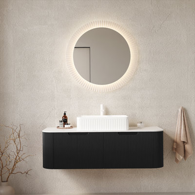Meuble-lavabo de salle de bain 48 po avec lavabo, meuble-lavabo mural à bords arrondis avec 2 tiroirs, lavabo rectangulaire en céramique blanc, sans robinet, pré-assemblé, couleur noire