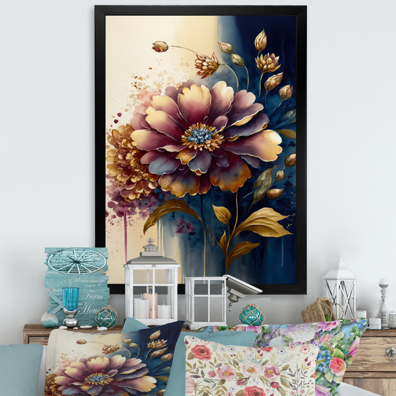 «Night Shade Zinnia Floral Design III», reproduction sur toile, Impression noire sur toile encadrée
