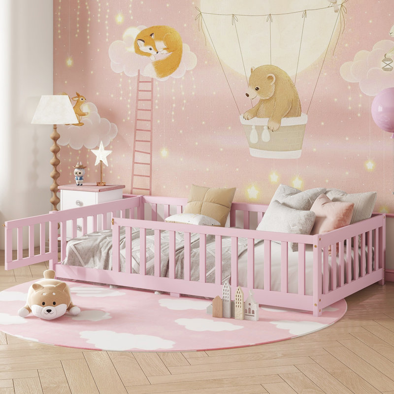 Lit de plancher pour enfants avec clôture et porte, lit de plancher en bois d'hévéa avec barrières de sécurité, Lit simple
