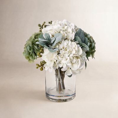 Artificial Hydrangea Floral Arrangement In Clear Glass Vase With Realistic Faux Water - Handcrafted Silk Flower Centerpiece, 12" Tall (Available In Classic White Or Mixed Greenery & Berry Styles)