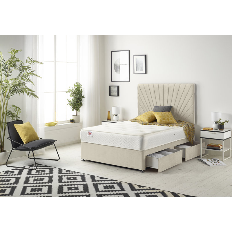 SantaMarina Tweed Fabric Divan Bed with Open Coil Memory Foam Mattress No Headboard, Super King (6'), Natural, 2 Drawers