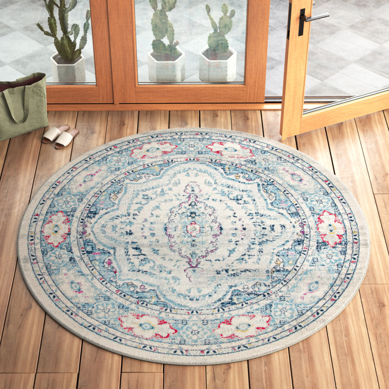 Christa Southwestern Light Gray/Fuchsia Area Rug, Round 6'7"