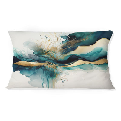 Teal and Gold Abstract Expression III - Oreiller imprimé abstrait à encre liquide
