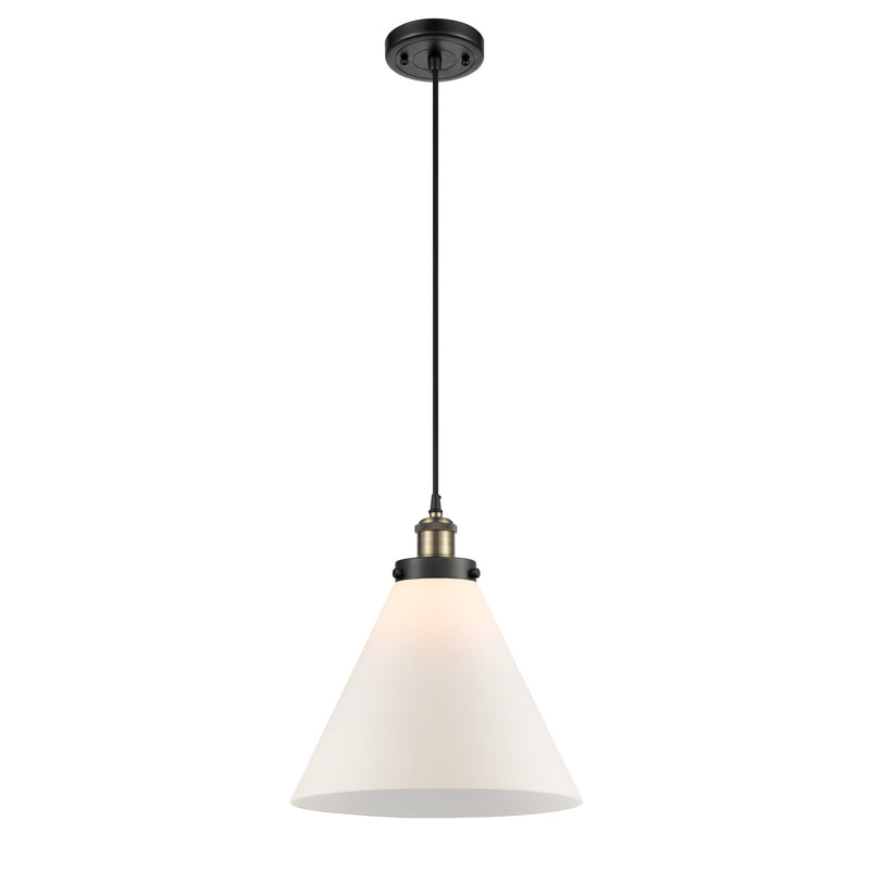Luminaire suspendu conique à 1 lumière Gendron, Ampoule non incluse, Laiton antique noir, Blanc mat