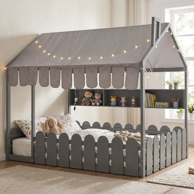 Lit pleine grandeur à structure de maison en bois massif avec tablettes de rangement, auvent de tente et lumière DEL à 3 modes, balustrades de sécurité, cheminée, lit plateforme Montessori House