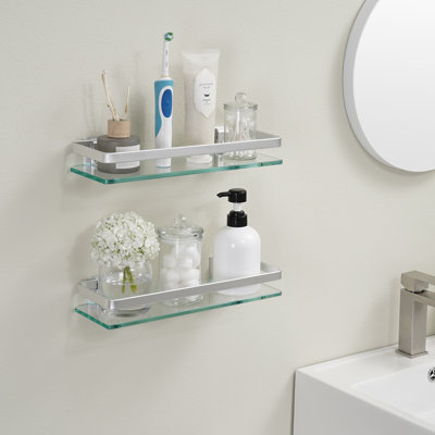 Keyarra Aluminum Bathroom Glass Shelf Tempered Glass Rectangular 1 Tier Extra Thick Silver Wall Mounted 2 Piece