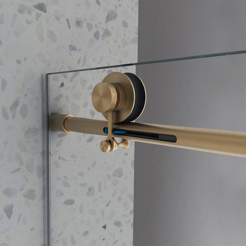 60 po x 63 po, porte de douche fixe et décalée en or brossé de 60 po x 63 po, grandes poulies en acier inoxydable 304 de 70 mm avec fonction de fermeture en douceur réglable, nettoyage facile, poignée anti-déflagrante