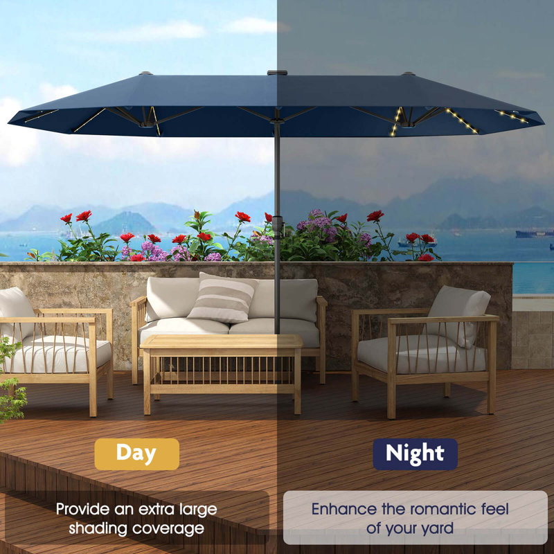 Grand parasol de patio 13 pi avec lumières solaires à DEL et manivelle 12 baleines robustes, Marine