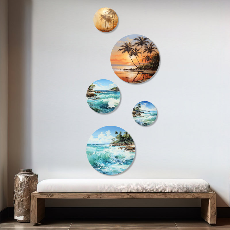 «Azure Seascape Palms Horizon - Beach Coastal», ensemble d'art mural rond sur 5