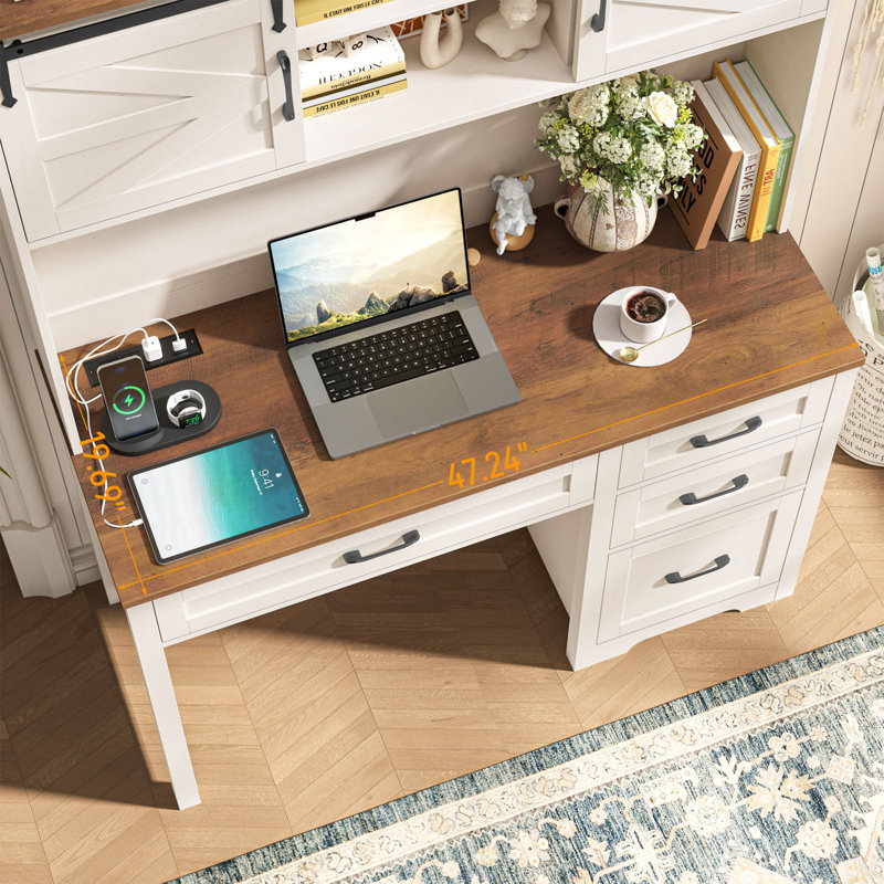 Bureau de direction Farmhouse avec huche et 4 tiroirs, Brun / Blanc