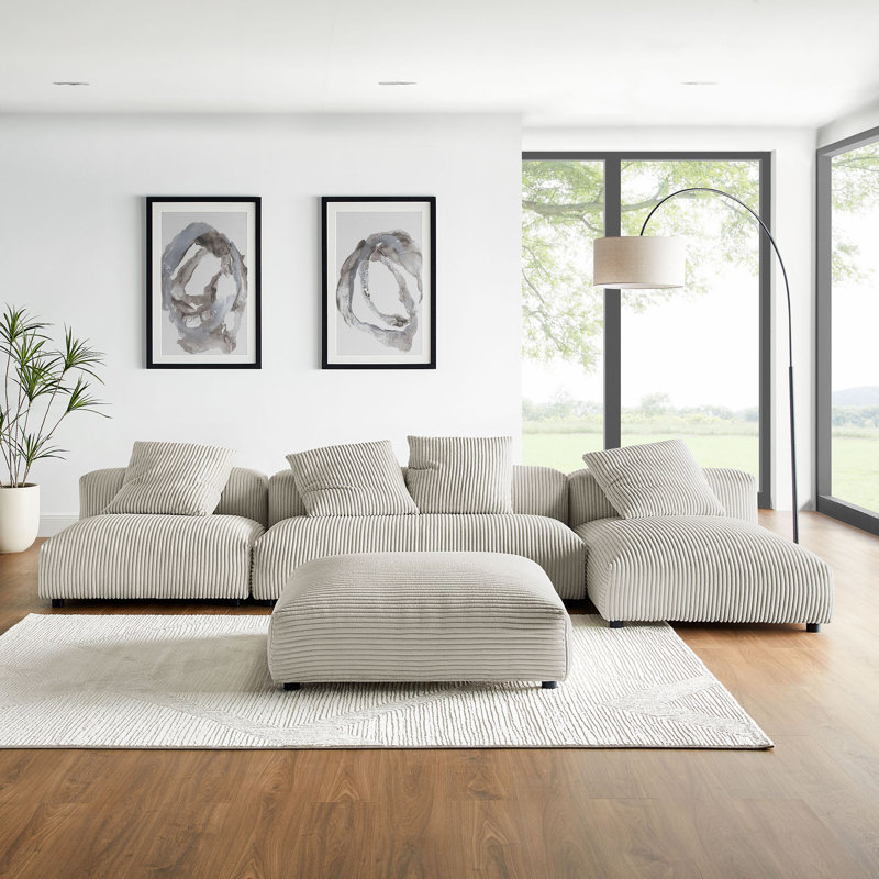 Canapé modulaire rembourré avec repose-pieds 4 pièces Solace, Velours côtelé amande
