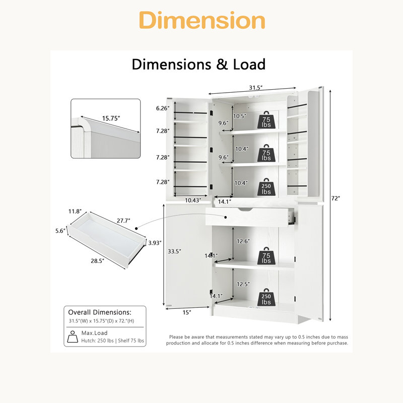 Armoire de cuisine 72 po avec 8 tablettes de porte, armoire de rangement courbée avec 3 tablettes réglables, Blanc