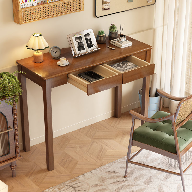 Solid Wood Desk with Drawers - 39 X 16 Inch Vintage Narrow Computer Desk, Home Office Desk, Mid Century Modern, Rubber Wood Study Table, Small Writing Desk For Bedroom|Small Spaces - Walnut Color