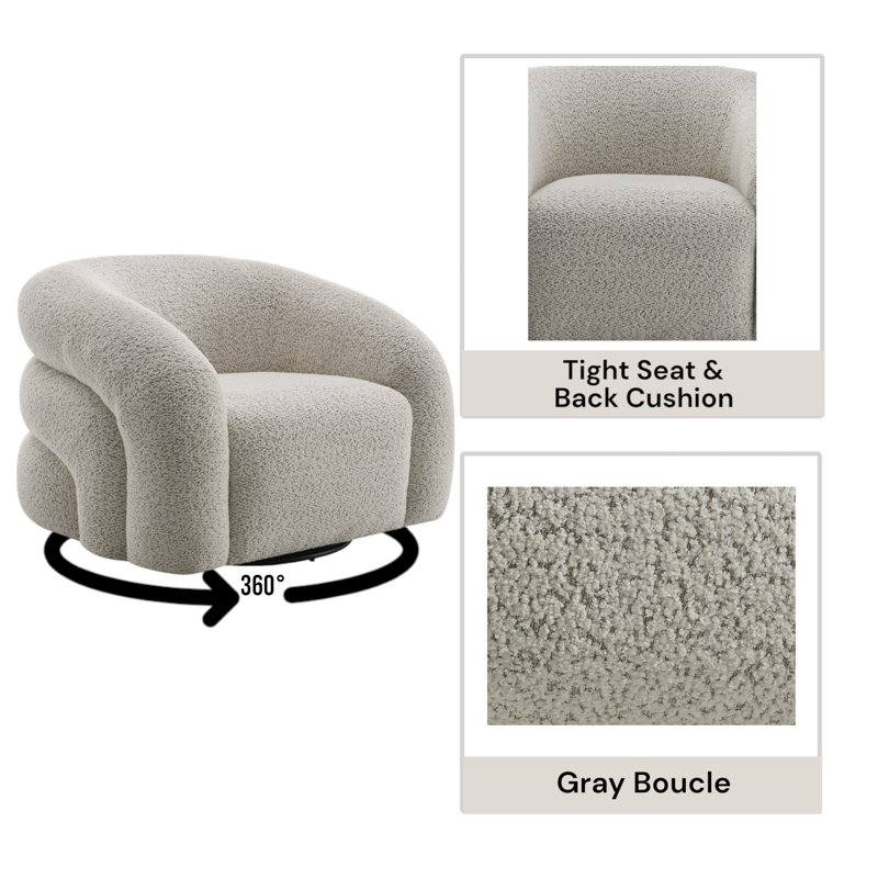 Irma Gray Boucle Swivel Chair with Solid Wood Frame