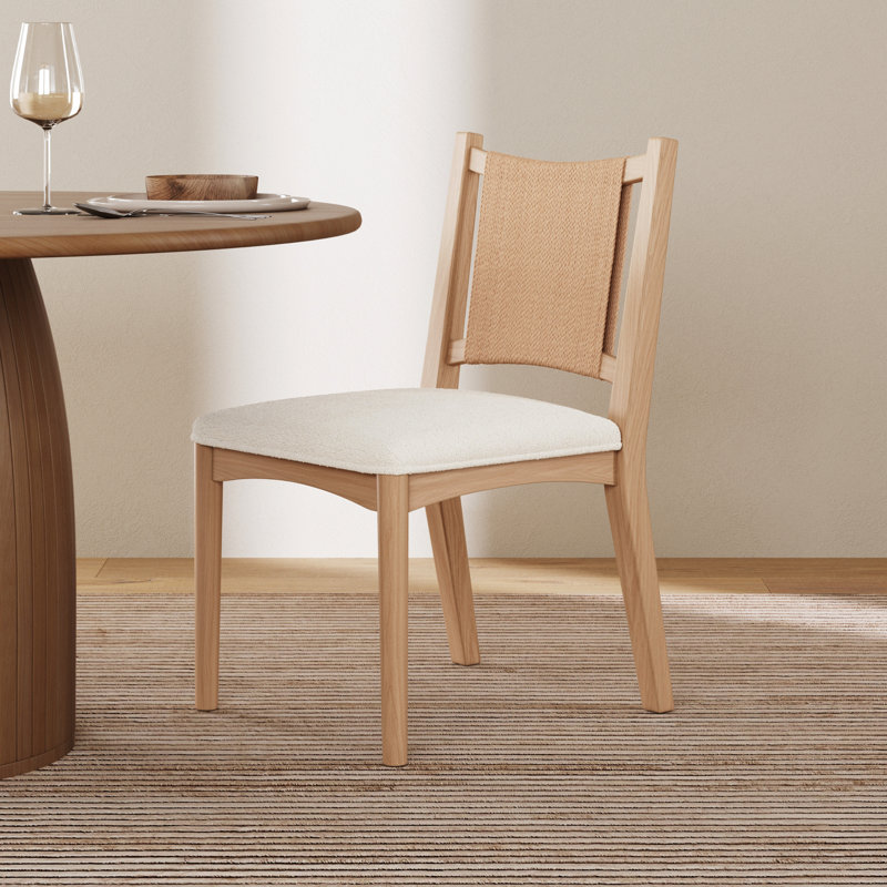 Chaise de salle à manger rembourrée en chêne brut avec dossier en jonc de mer et siège en bouclette, 1, Chêne brut