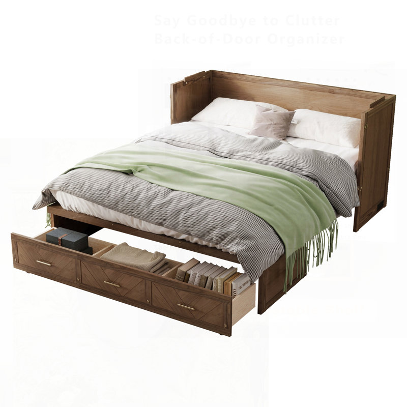 Lit escamotable, armoire en bois de pin avec station de charge USB intégrée et panneau de décoration géométrique, Noyer