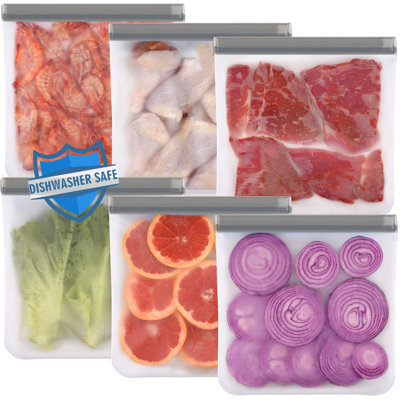 6 Pack Reusable Gallon Freezer Bags Dishwasher Safe Gray