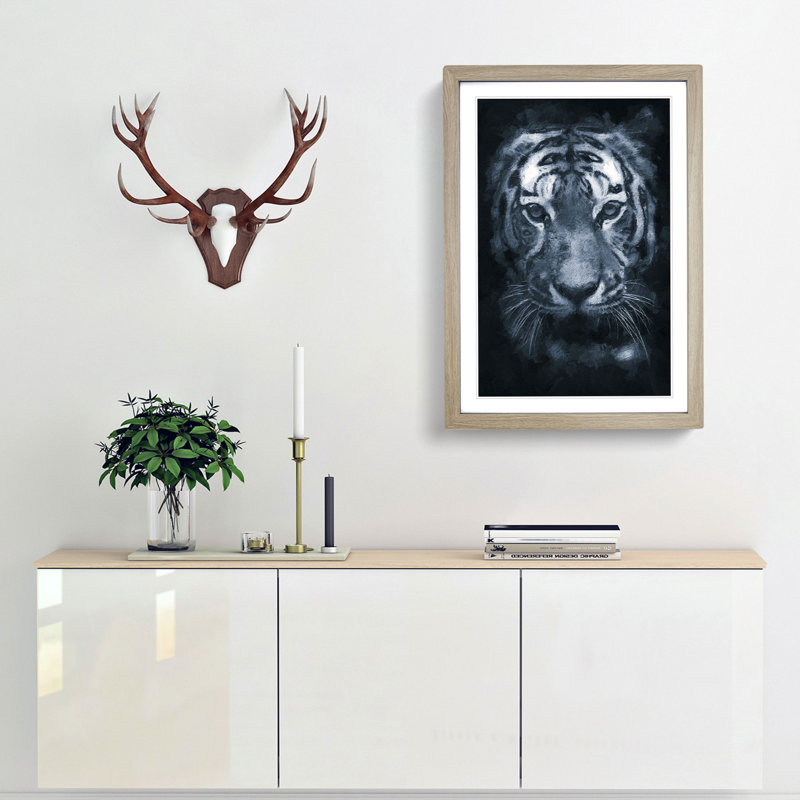 Tiger Portrait in Abstract - Picture Frame Painting Print, 65cm H x 48cm W x 2cm D, Oak Framed