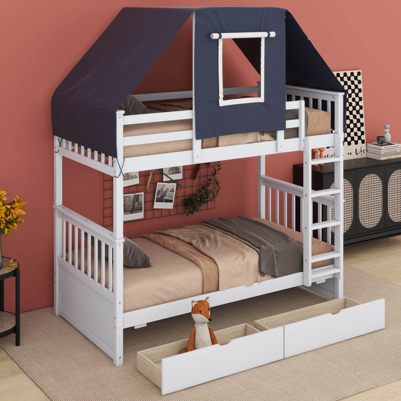 Lit superposé simple au-dessus de simple avec tiroirs pour enfants, Blanc, Bleu marine